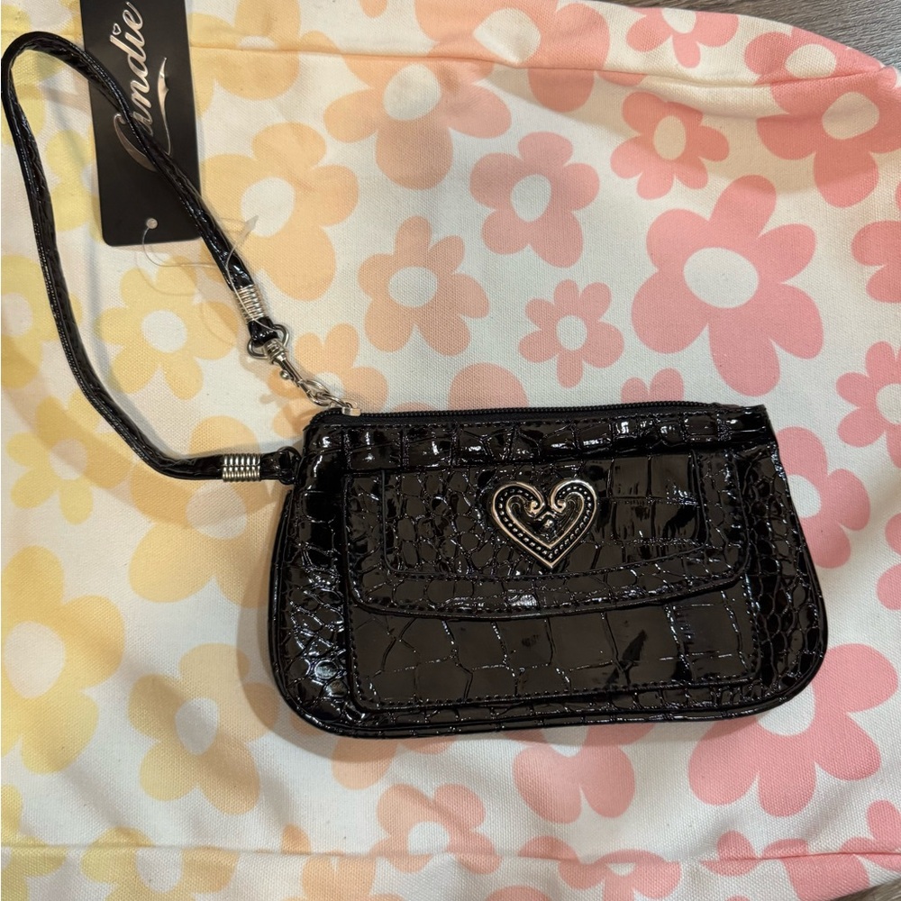 Candie's Shiny Black Croc Wristlet with Heart Accent
